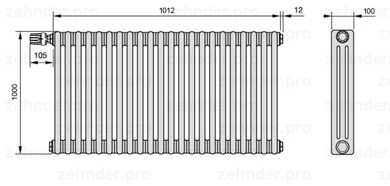 Схема (чертеж) Радиатор Zehnder Charleston 3100/22 №V012 Белый глянцевый RAL 9016